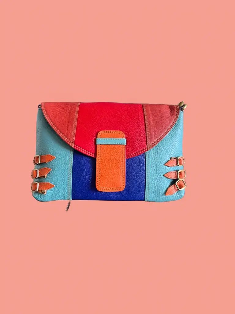 Multicolour Leather Crossbody Bag, Colour Block Design with Buckle Details, Red and Blue