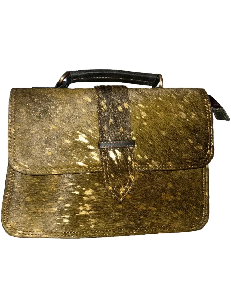 Leather Crossbody Handbag, Speckled Gold Cowhide, Olive Green Back Panel, Brass Hardware