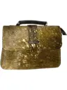 Leather Crossbody Handbag, Speckled Gold Cowhide, Olive Green Back Panel, Brass Hardware