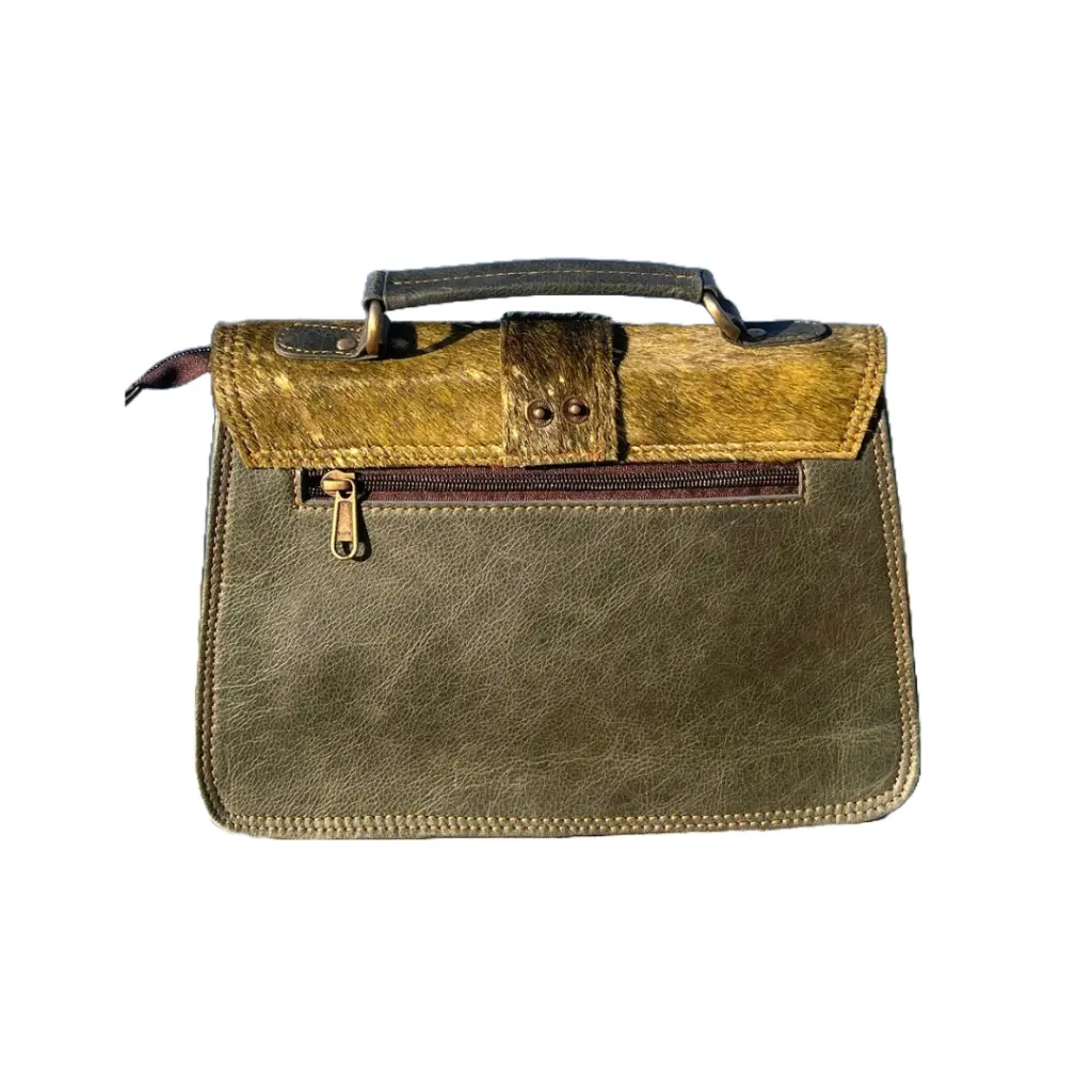 Leather Crossbody Handbag, Speckled Gold Cowhide, Olive Green Back Panel, Brass Hardware