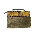 Leather Crossbody Handbag, Speckled Gold Cowhide, Olive Green Back Panel, Brass Hardware