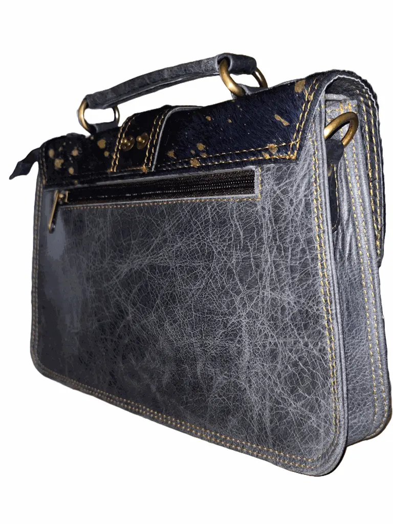 Leather Crossbody Satchel Handbag, Blue With Gold Splatter Pattern, Vintage Style with Multiple Compartments
