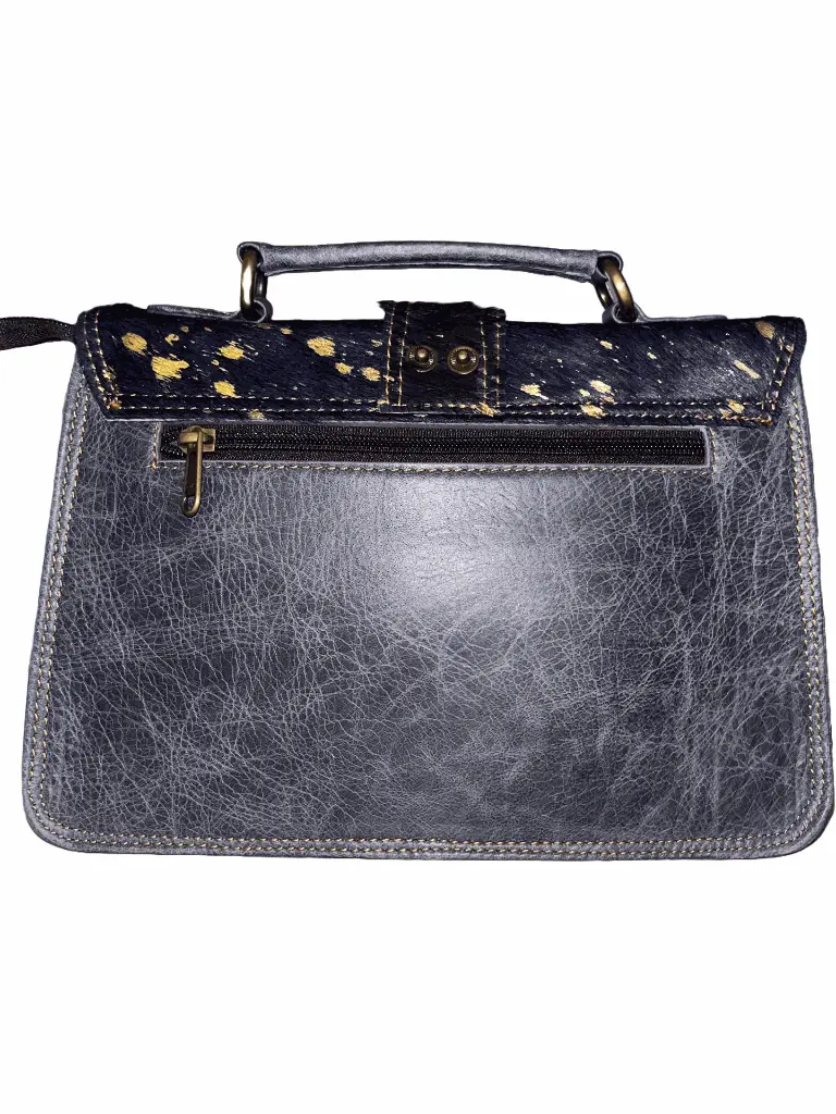 Leather Crossbody Satchel Handbag, Blue With Gold Splatter Pattern, Vintage Style with Multiple Compartments