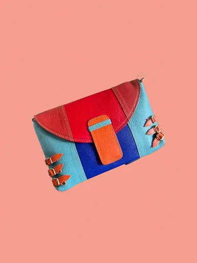 Multicolour Leather Crossbody Bag, Colour Block Design with Buckle Details, Red and Blue
