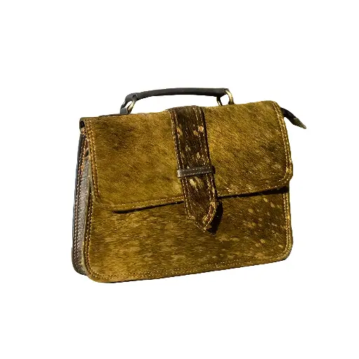 Leather Crossbody Handbag, Speckled Gold Cowhide, Olive Green Back Panel, Brass Hardware