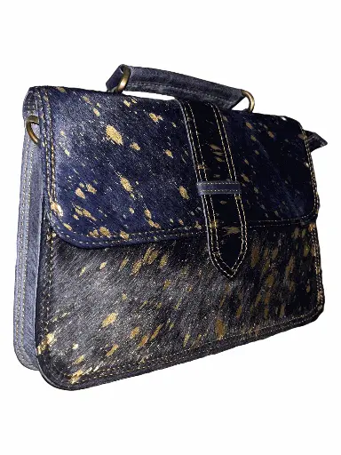 Leather Crossbody Satchel Handbag, Blue With Gold Splatter Pattern, Vintage Style with Multiple Compartments