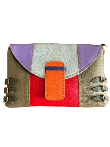 Multicolour Leather Crossbody Clutch Bag with Buckle Details, Purple and Red Patchwork Design, Zipper Pocket